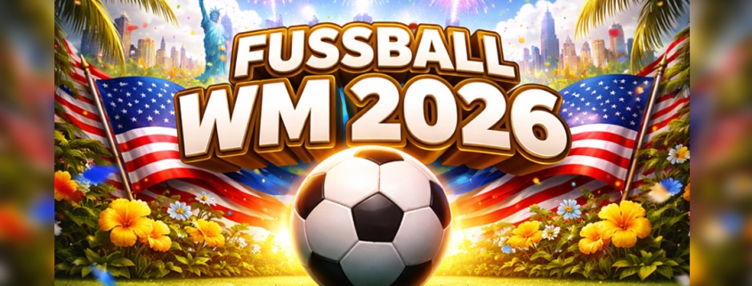 Bright banner for the 2026 FIFA World Cup showing a soccer ball, fireworks, palm trees, and US flags with tropical flowers.