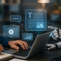 A person and a humanoid robot collaborate at a laptop, with floating holographic icons for text, video, and charts above the desk.