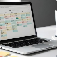 Laptop displaying a colorful weekly calendar on a white desk beside a mug, notebook, plant, and phone.