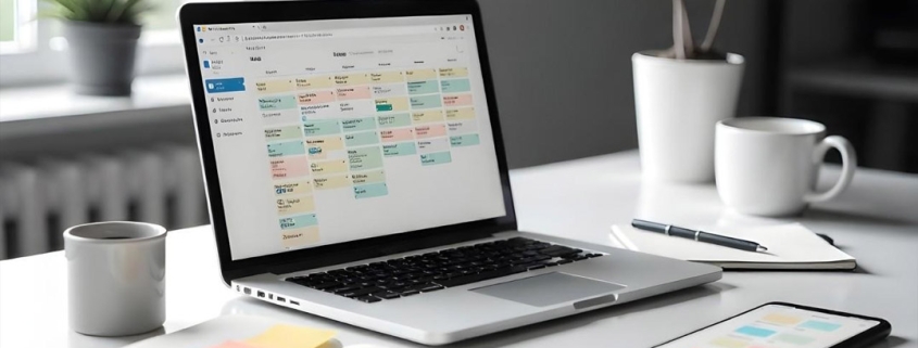 AkZ_BP_07_2026 | akz-media.de Laptop displaying a colorful weekly calendar on a white desk beside a mug, notebook, plant, and phone.