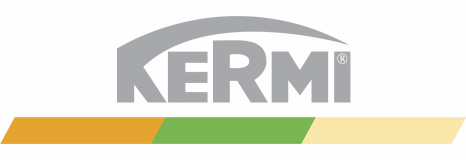 Kermi logo with gray wordmark, curved arc above, and a three-color diagonal stripe in orange, green, and beige.