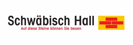 Schwäbisch Hall logo with a yellow brick-wall icon and the red tagline 'Auf diese Steine können Sie bauen'