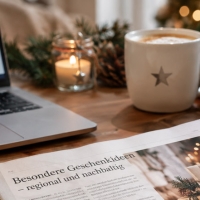 AkZ_BP_10_2026 | akz-media.de Cozy holiday desk with a laptop, newspaper, mug with a star, candle, pine cones, and wrapped gifts on a wooden surface.