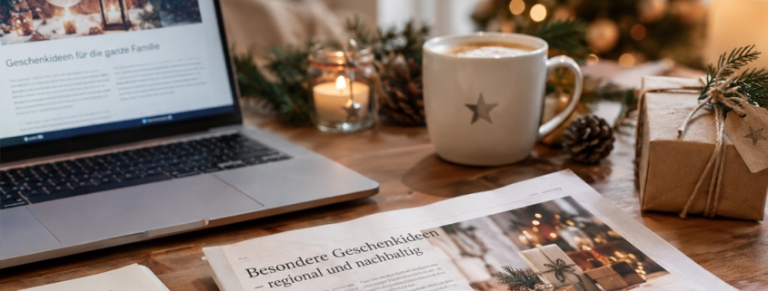 Cozy holiday desk with a laptop, newspaper, mug with a star, candle, pine cones, and wrapped gifts on a wooden surface.