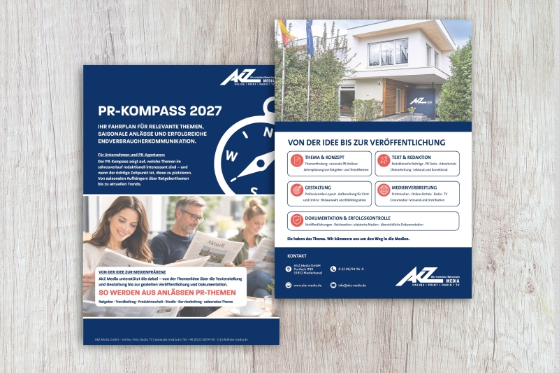 Collage of AKZ Media brochures on a wooden surface, including a blue 'PR-KOMPASS 2027' page and a building image.